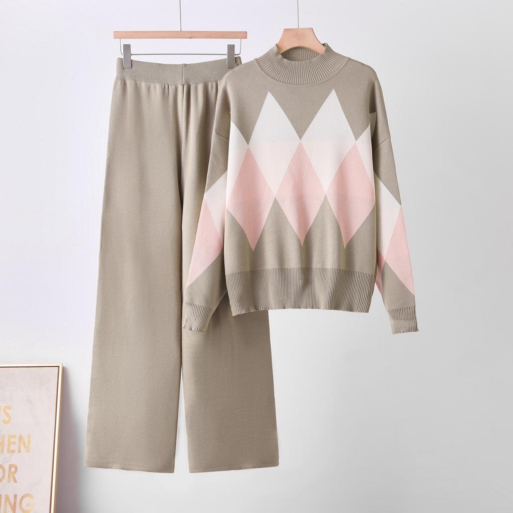 European and American fashion suit autumn and winter new loose round neck versatile sweater + casual wide-leg pants two-piece set for women