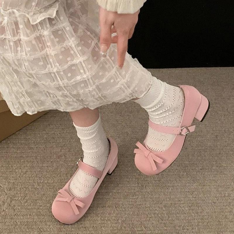 Fashion Preppy Butterfly-Knot Low Heel Mary Janes Women Vintage Solid Buckle Strap Pumps Woman Cute Sweet Lolita Single Shoes for Ladies