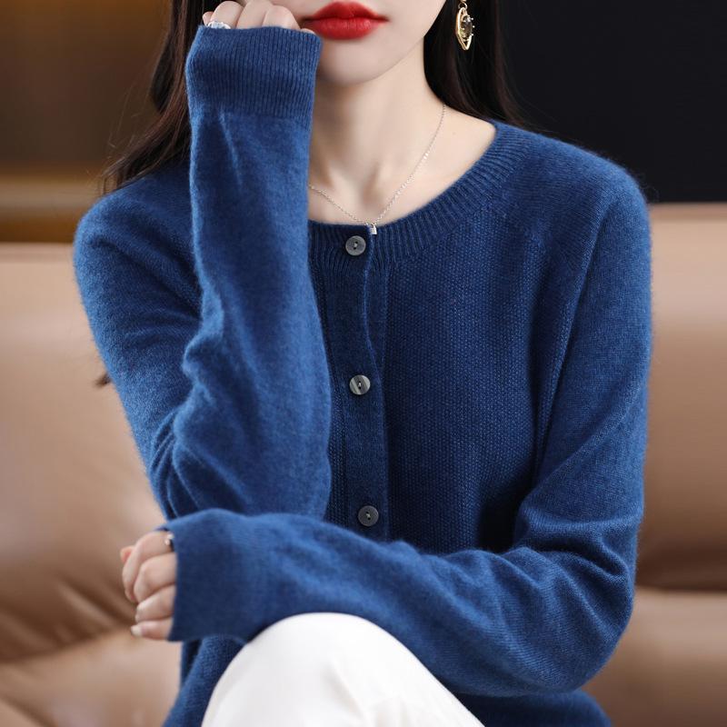 Women's Round Neck Pure Wool Cardigan - Versatile Loose Fit Solid Color Sweater for Spring and Autumn