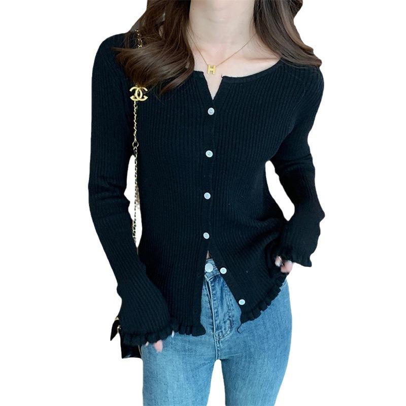 Fungus Edge Knitted Top Women's High-end Sweet Spring and Autumn Knitted Sweater Long-sleeved Thin Coat Solid Color