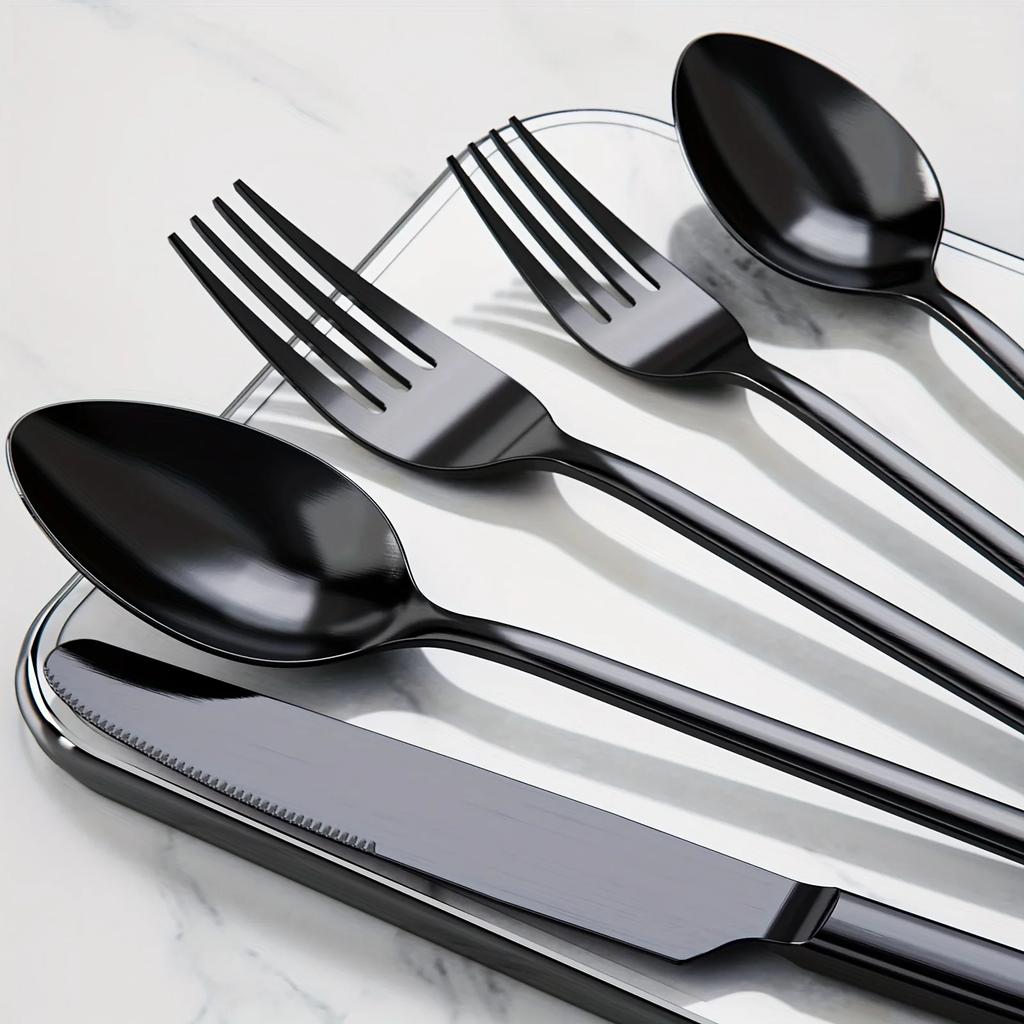 60pcs Black Silverware Set For 12, Stainless Steel Flatware Set, Cutlery Kitchen Tableware Fork Knife Spoon Dishwasher Safe