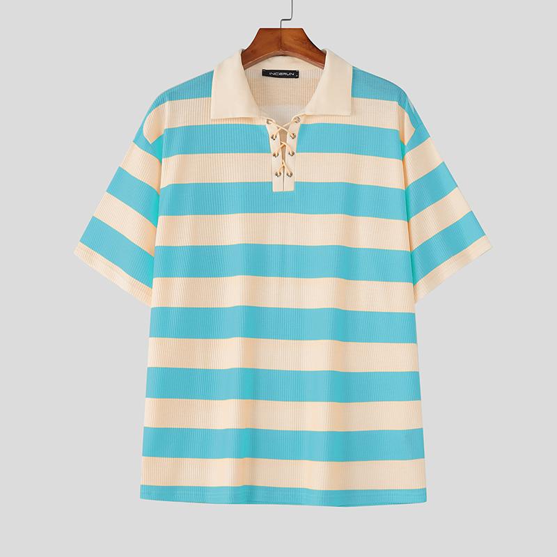 

INCERUN Men Turn-down Collar Short Sleeve Striped Casual Texture T-shirts Tops 3XL синий