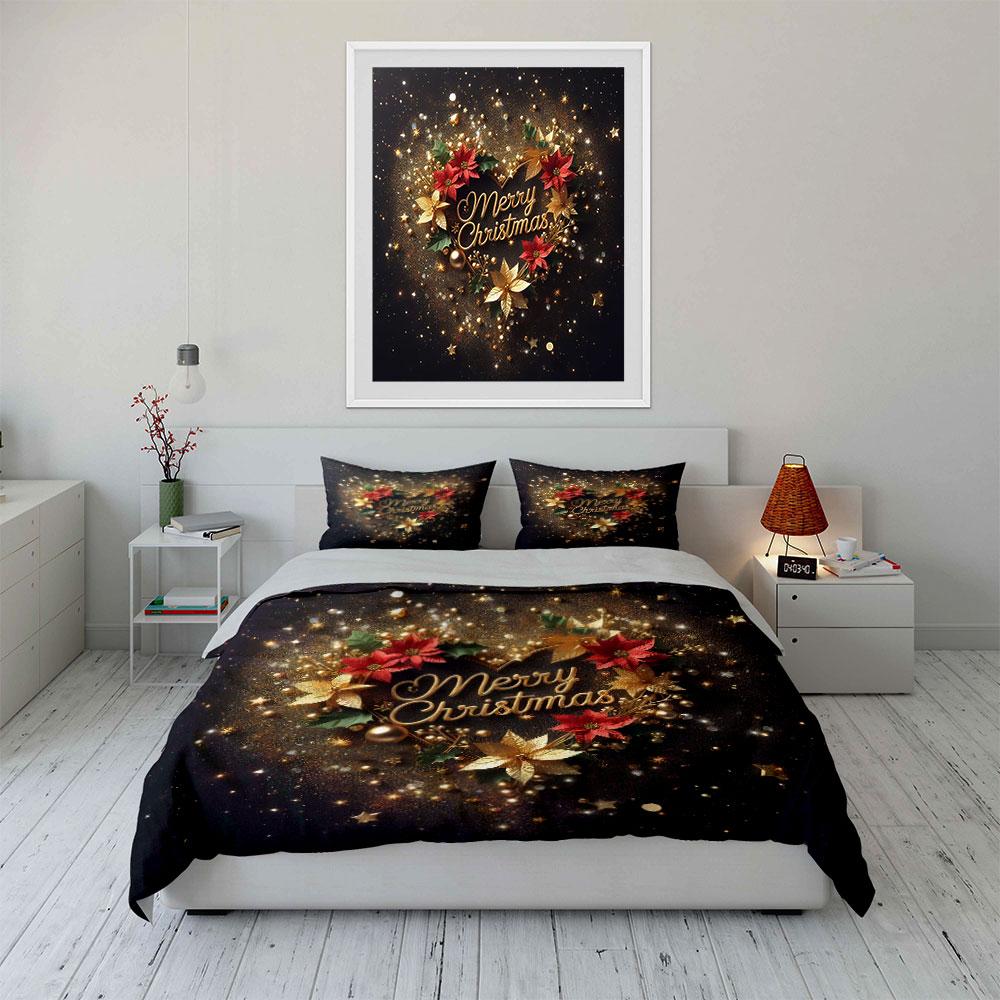 Merry Christmas Golden Wreath Bedding Duvet Cover Set Duvet Cover Pillowcases  (1*Duvet Cover 2*Pillowcases, without duvet insert)