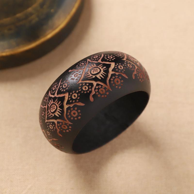 Retro breites Holzarmband - Chinesischer ethnischer Stil Handring - Holzschnitzerei Armband