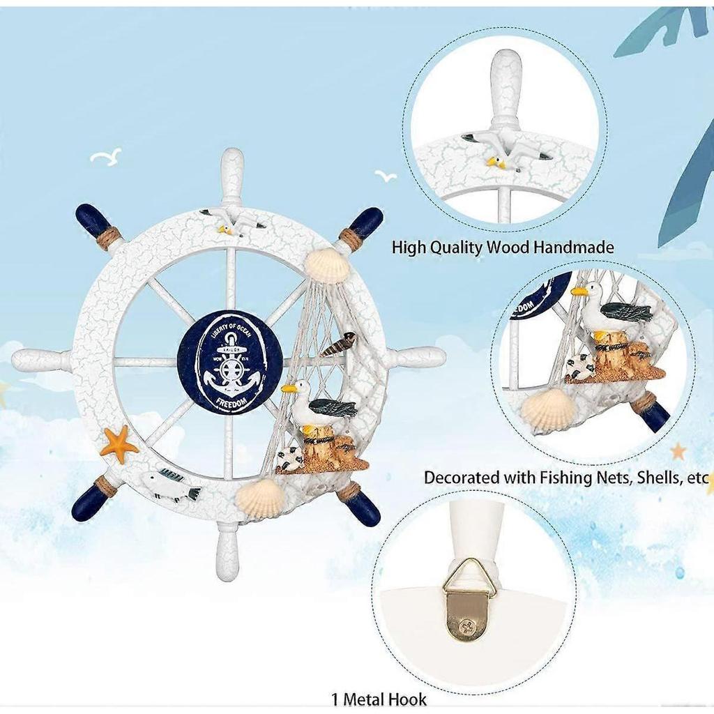 28CM Wooden Ship Wheel with Rope Nautical Steering Wheel Helm Wall Decor Door Hanging Ornament