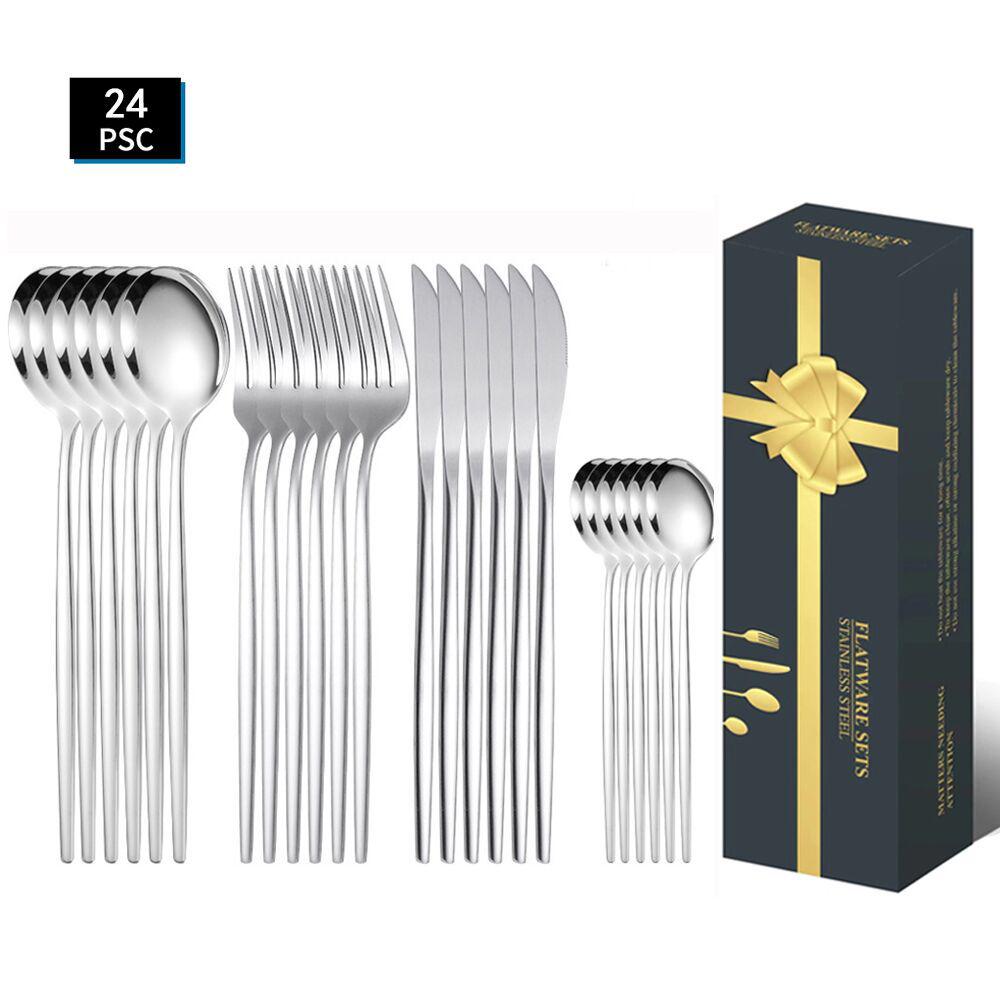 

24-Piece Stainless Steel Cutlery Set: Steak Knives, Forks, Spoons - Ideal for Hotels and Western Cuisine