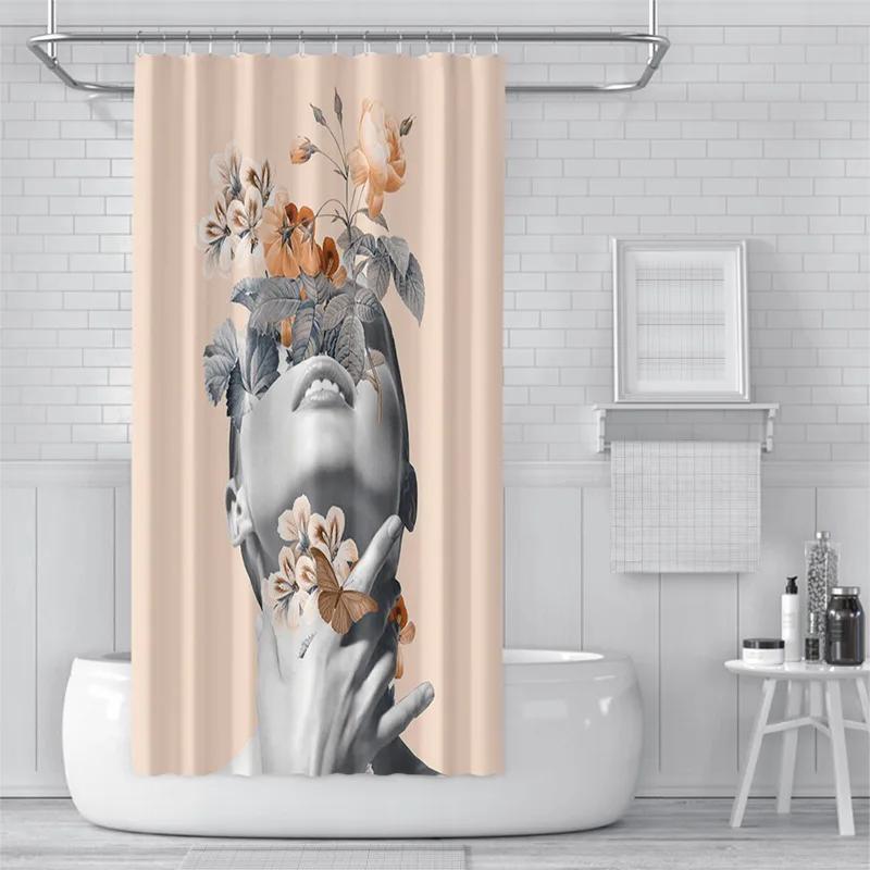 3D Shower Curtain European And American Abstract Figures, Flowers, Toilet Partition Curtains, Simple Curtains With Accessories