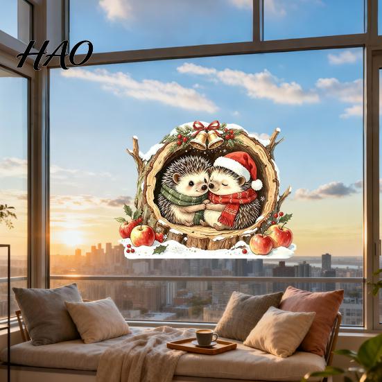 Waterproof Holiday Glass Decor Watercolor Christmas Hedgehog Static Window Cling, Cozy Tree Hole Winter Atmosphere Scenes Sticker, No?Glue