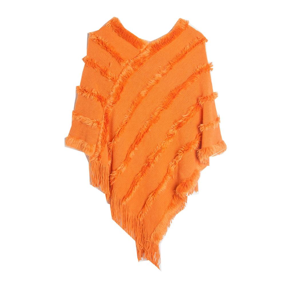Spring Autumn Winter V-neck Solid Color Knitted Plush Shawl - European & American Style