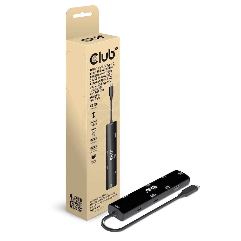 Club 3D USB4 Gen3x2 Hub HDMI 8K60Hz or 4K120Hz 2xUSB Ethernet 1xUSB 1xUSB Charging 100W Type-C 6-in-1 / Type-A (10G) / RJ45(2.5G) / Type-C Data(10G) /