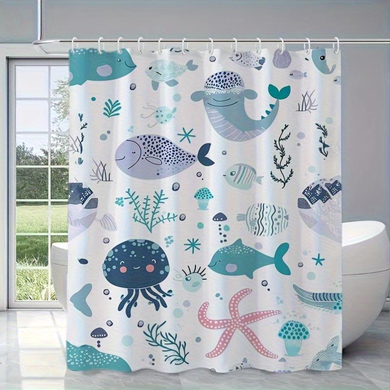 Cartoon Ocean Shower Curtain, Starfish Jellyfish Whale Fish Seaweed Bathroom Partition Curtain, Bathroom Bathtub Shower Curtain 90X180CM