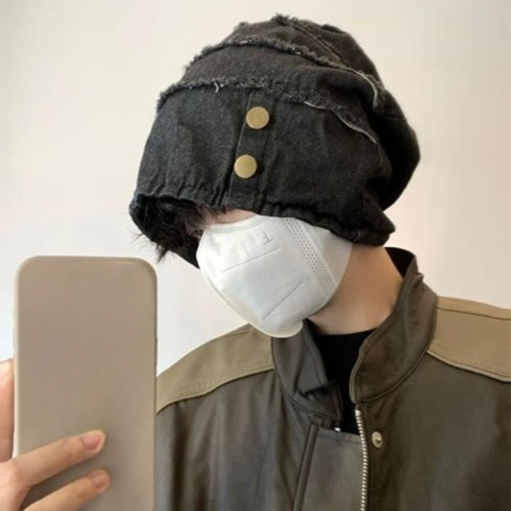 Vintage Distress Denim Pullover Cap Korean Style Loose Beret Fashion Washed Denim Beanie  Unisex