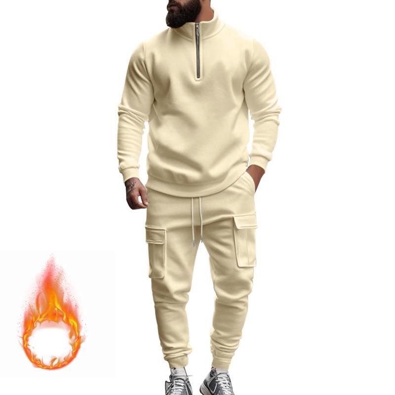 Autumn and Winter Men's Casual Velvet Warm Zipper Sports Trousers Set