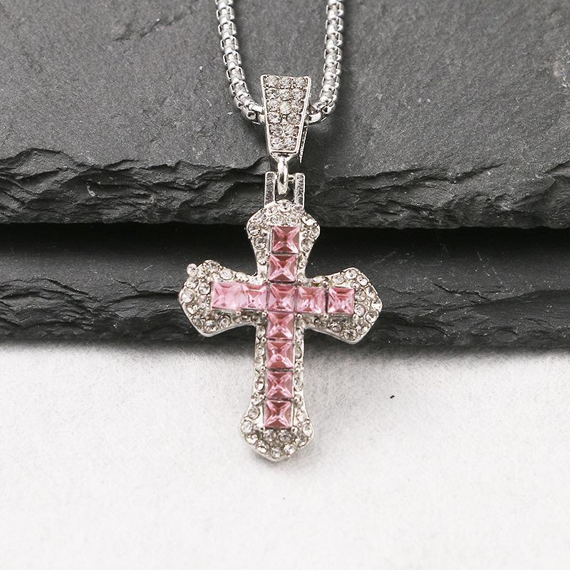 1Pc Fashionable European and American Full Diamond Cross Necklace New Zircon Pendant Hip Hop Trend Personality Versatile Sweater Chain Accessories