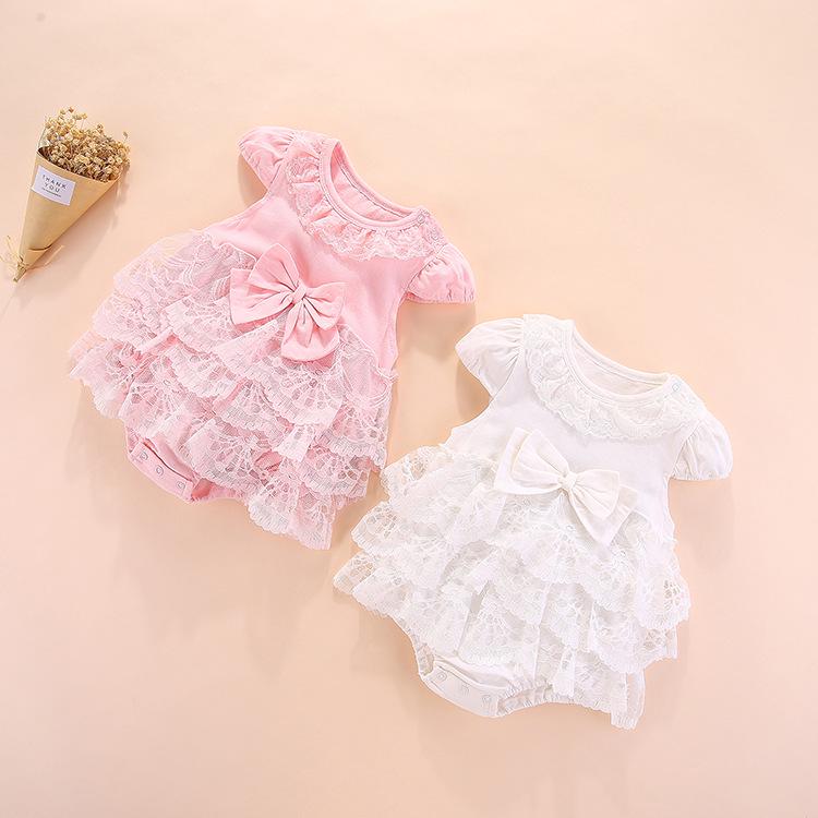 Korean Sweet Summer Multi-layer Mesh Bow Lace Neckline Cotton Baby Outfit (0-1 Year)