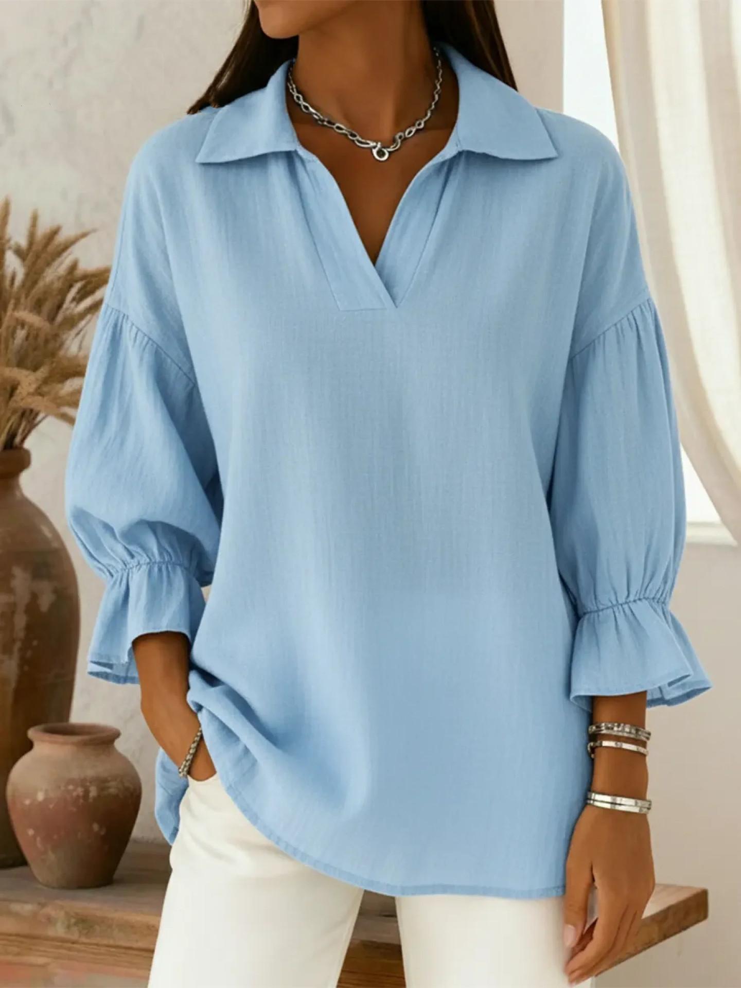 Women s V-Neck Poplin Shirt with Puff Sleeves and Cuff Tie S светло-синий