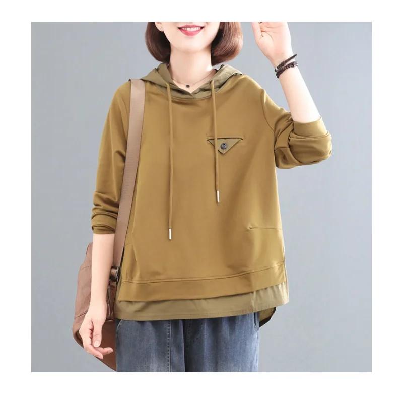 Pure Cotton Long-sleeved Sweatshirt for Women 2025 New Autumn Korean Loose Splicing Temperament Hooded Pullover Top