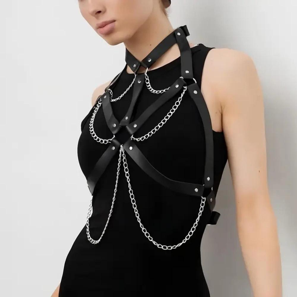 Women Fashion Pu Leather Belt Multi-Layer Fringe-Adorned Suspender Strap Gothic-Style Shaping Waist Belts Party Outfit Belt