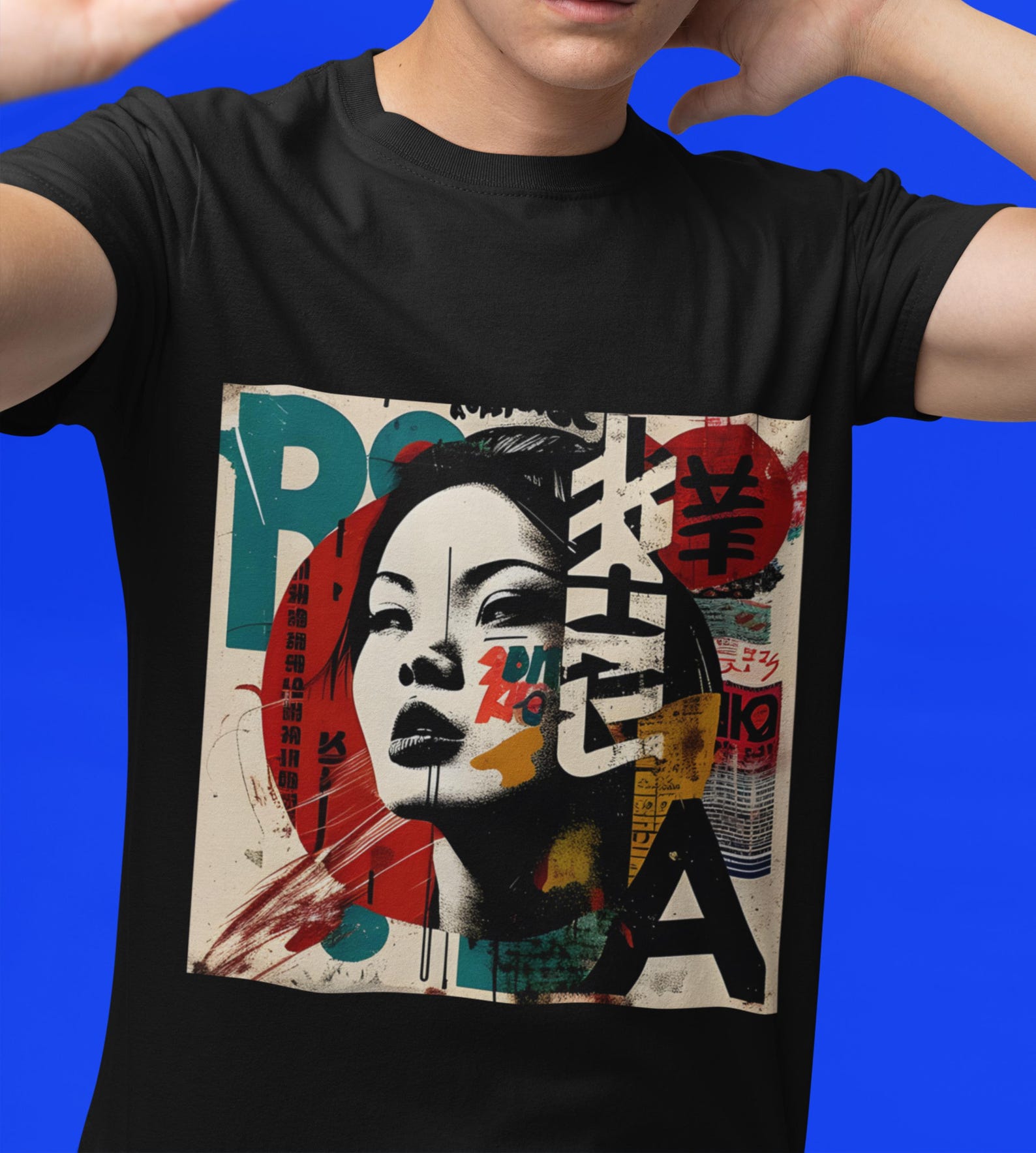 Asian Pop Art Portrait T-Shirt | Retro Typography, Collage Graphic Tee XL