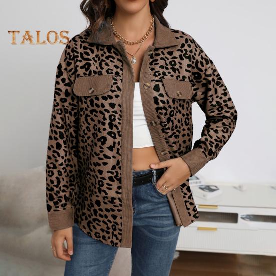 Women Spring Fall Coat Fake Chest Pocket Turn-down Collar Single-breasted Leopard Print Long Sleeves Mid Length Daily Wear Jacket