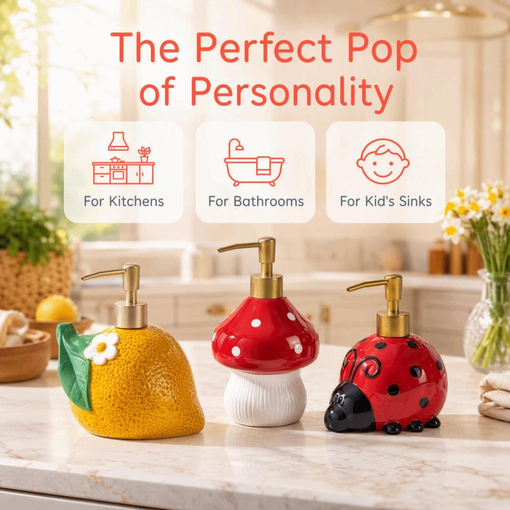 Large Capacity Ceramic Soap Dispenser Decorative Lemon Mushroom Pump Bottle  Countertop