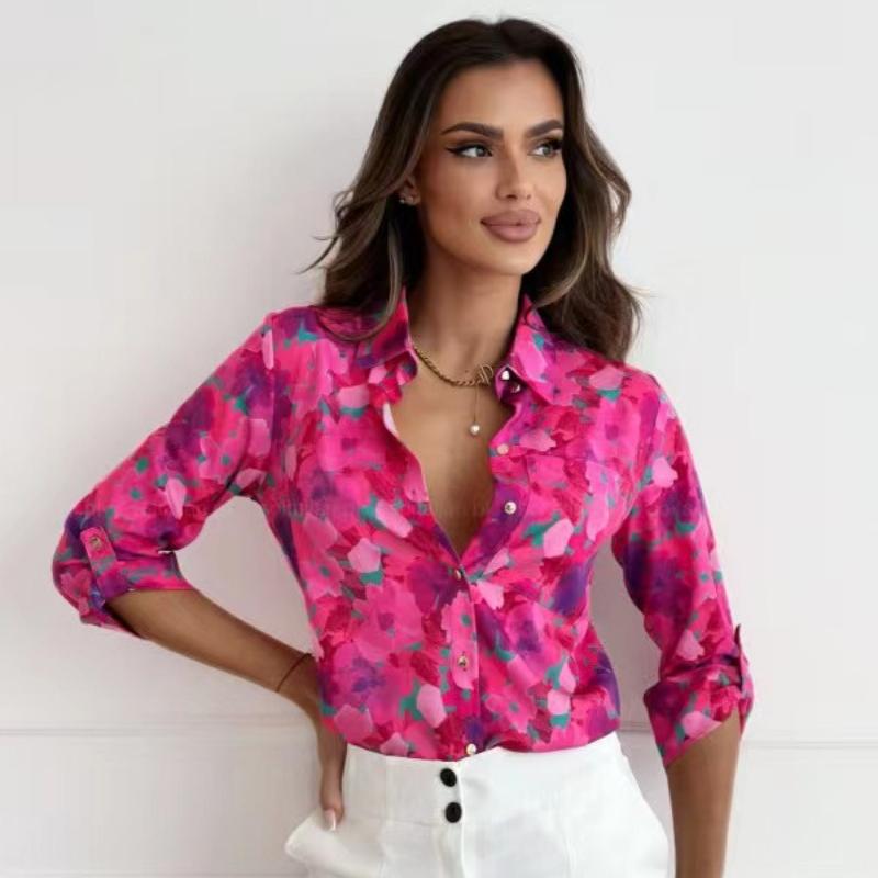 

Винтажная рубашка с длинным рукавом и принтом, женская повседневная блузка с отложным воротником, офисные женские топы, элегантные свободные рубашки на пуговицах, женские 24189 M розы красного