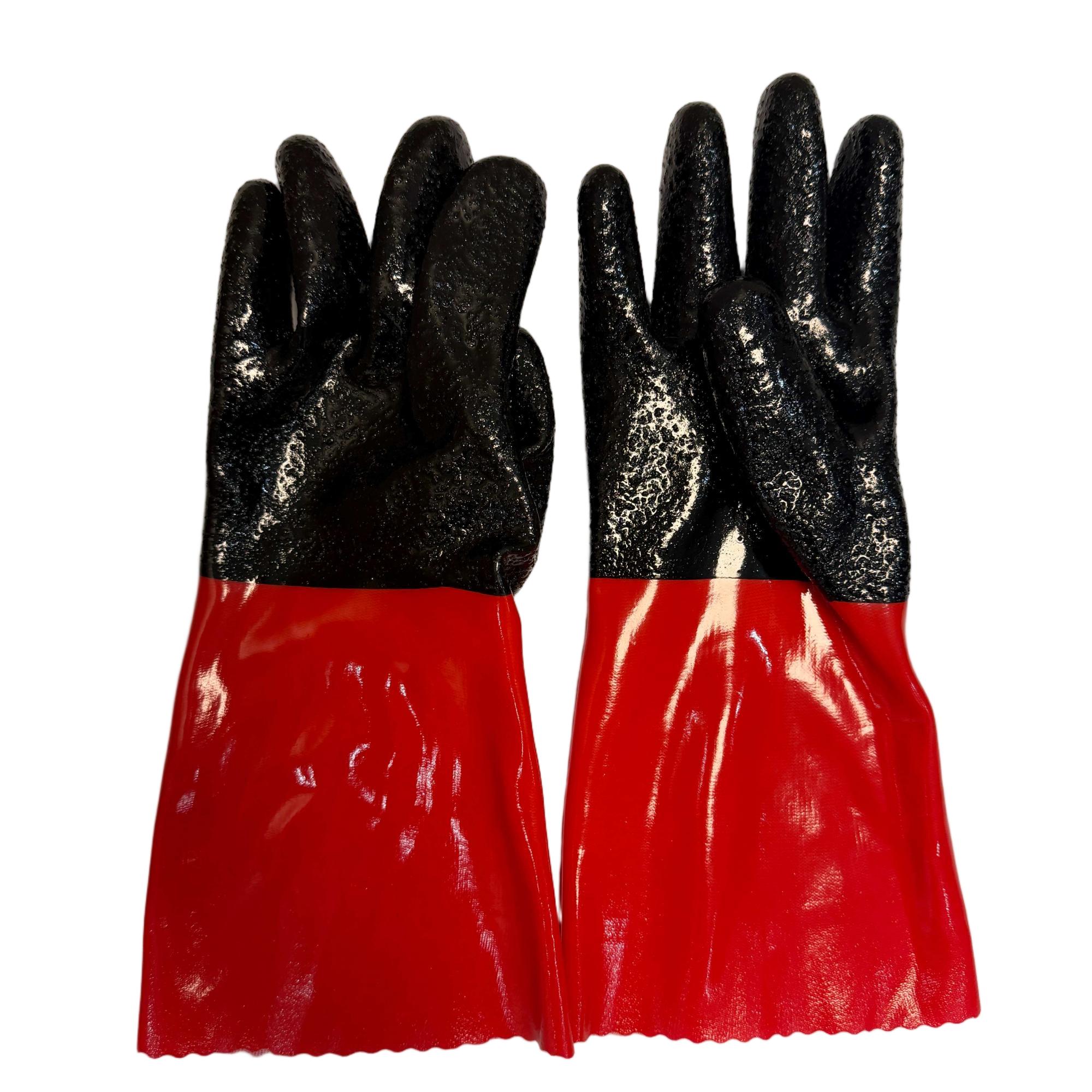 Custom Logo 35cm PVC Gauntlet Gloves Manufacturer Bulk Red Black Textured Acid Alkali Proof Gloves for Chemical Customized Size