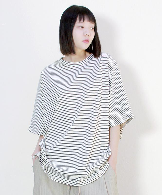 Deumakeu Pinstripe French Sleeve Oversized Short Sleeve T-Shirt Ivory