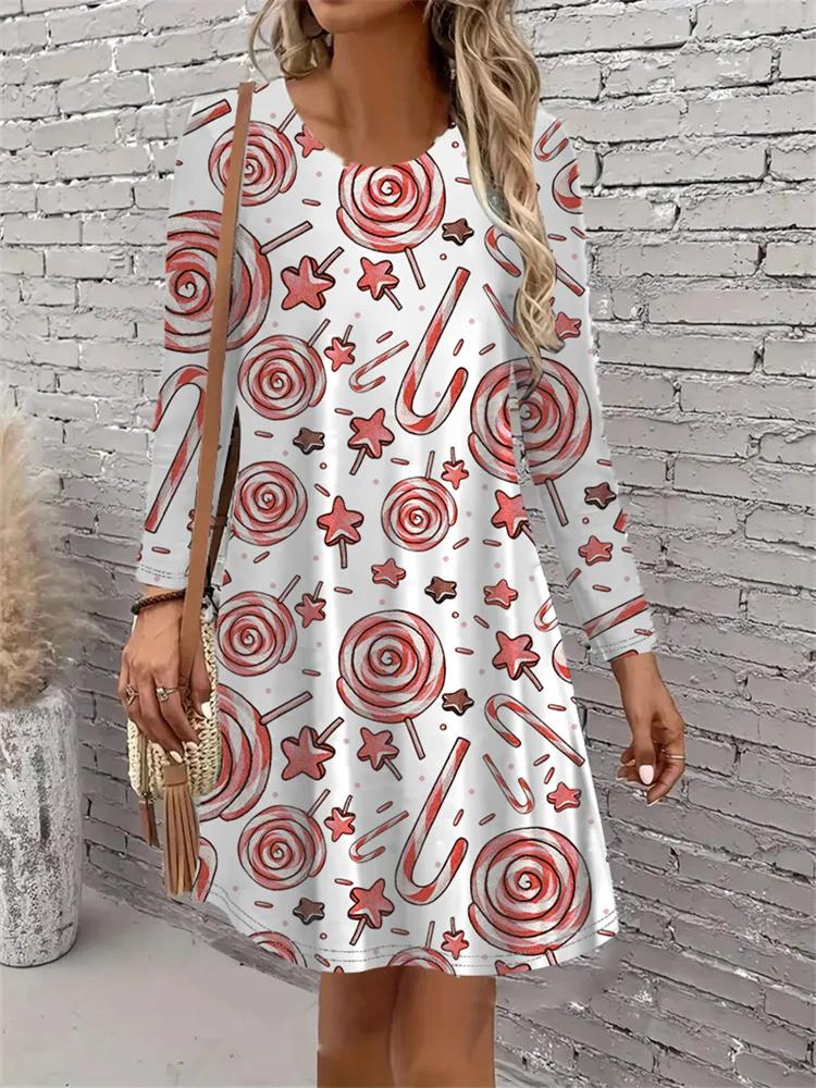 New Year Party Women Dress Christmas Robe Casual Long Sleeve O-Neck Loose A-Line Dress
