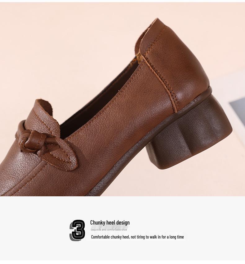 Women's Retro Low Heel Cowhide Shoes: Comfortable, Versatile, Non-Slip Soft Sole, Ideal for Commuting.