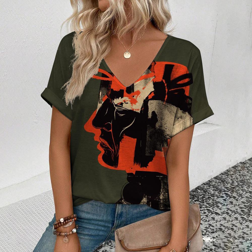 Women's Short Sleeve V-neck T-Shirt Fashion Abstract Face Print T-Shirt Summer Casual Elegant Top Women's Clothing T-Shirt