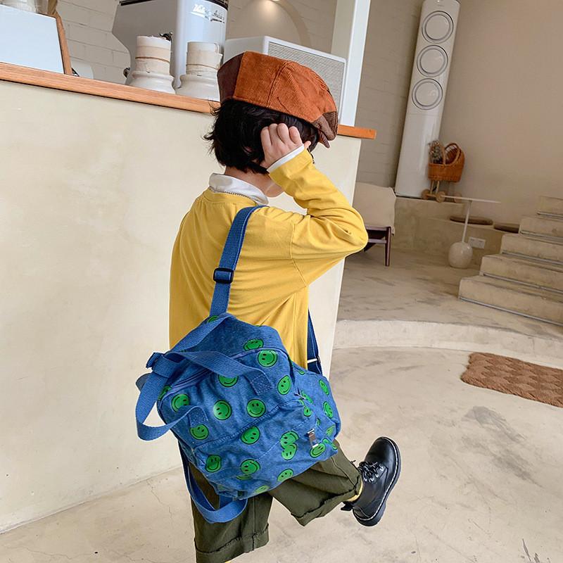 Stylish And Durable Canvas Childrens Backpack With Fun Smiley Print For Daily Use