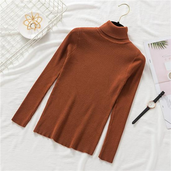 2025 Autumn/Winter Women's High Neck Pullover Sweater, Long Sleeve, Slim Fit, Solid Color Knitwear