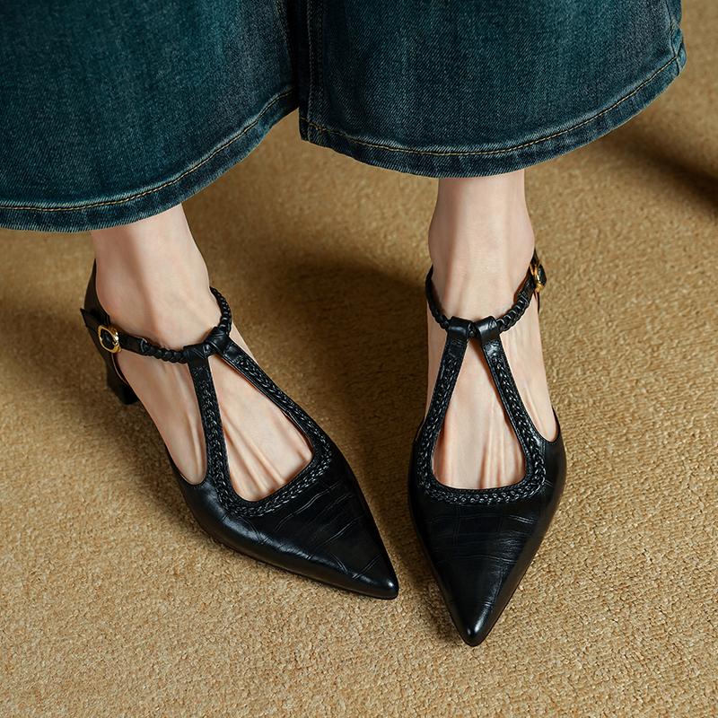 Fashion 2025 Summer Women Sandals Genuine Leather Sexy Pointed Toe T Strap Party Shoes High Heel Summer Pumps Hollow Shoes Woman 34-40