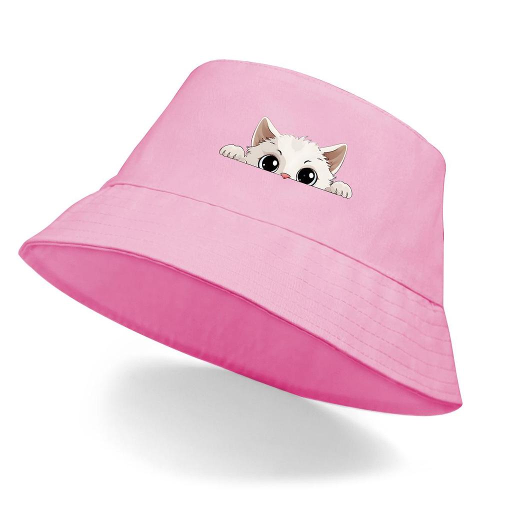 Bucket Hat With White Cat Print , Cartoon Pet Fisherman Hat Spring Lightweight Foldable Beach Hat
