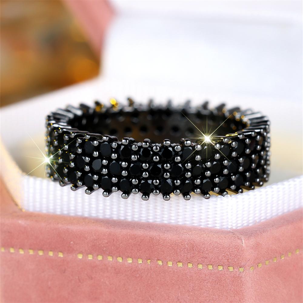 Three Row Black Zircon Tiny Round Stone Rings For Women Vintage Black Metal Engagement Ring Wedding Jewelry Bridal Birthday Gift