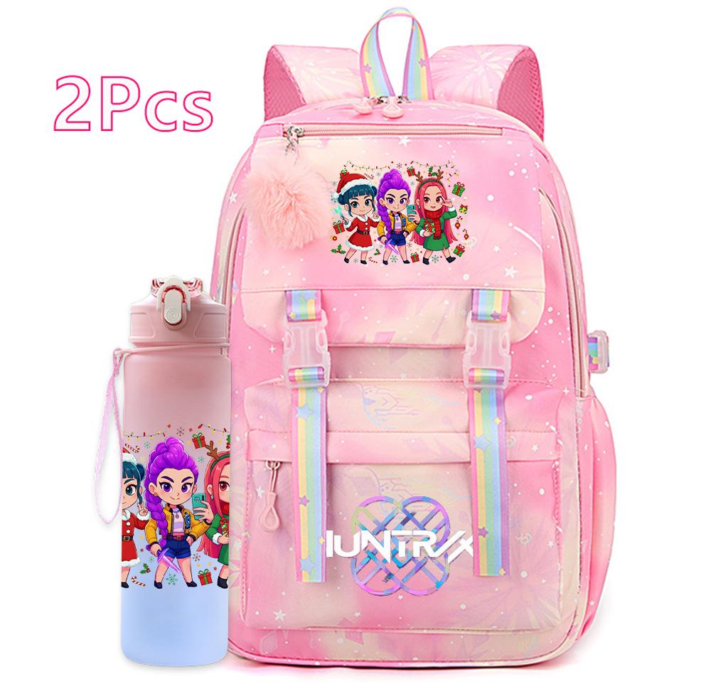 2Pcs/set Christmas K-pop Printed Backpack with 750Ml Water Bottler Large Capacity Travel Bag for Teenager Girl Boy Waterproof Bookbag Kid Gift Rucksak