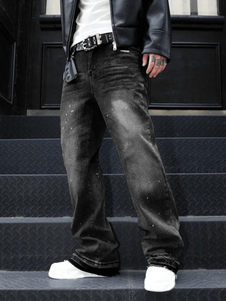 Popular American Retro Washed Old Gray Ink Splashing Scimitar Jeans Men's Trendy Brand Loose Wide-leg Pants