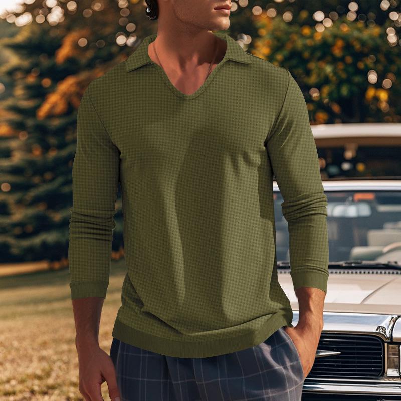 Autumn winter T-shirts American long sleeved men's T-shirt thin cut waffle slim fit lapel polo shirt men