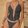 Fato de Banho Feminino Preto Bolinhas Sexy Decote Halter Costas Nuas Amarrado nas Laterais Fato de Biquíni Roupa de Praia Fatos de Banho