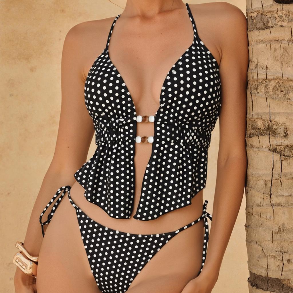 Fato de Banho Feminino Preto Bolinhas Sexy Decote Halter Costas Nuas Amarrado nas Laterais Fato de Biquíni Roupa de Praia Fatos de Banho
