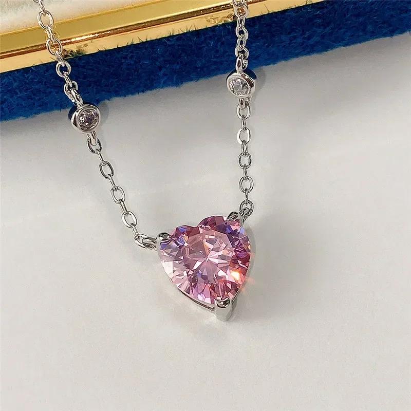 Bright Yellow/Pink Heart Cz Pendant Necklace For Women Simple Elegant Wedding Engagement Party Accessories Trendy Jewelry