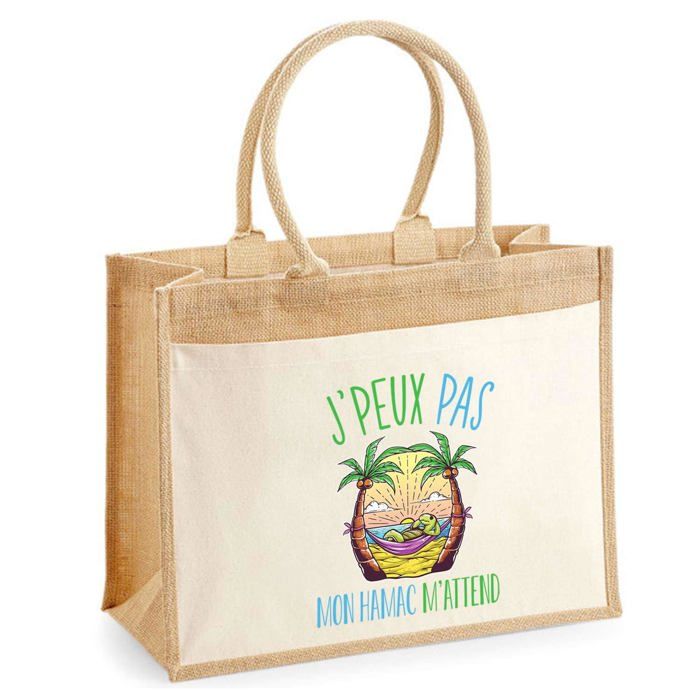 Sac de plage - PLANETEE - jute avec poche Hamac J'peux pas - Coton imprimé en France - Multicolore - 43x33 cm