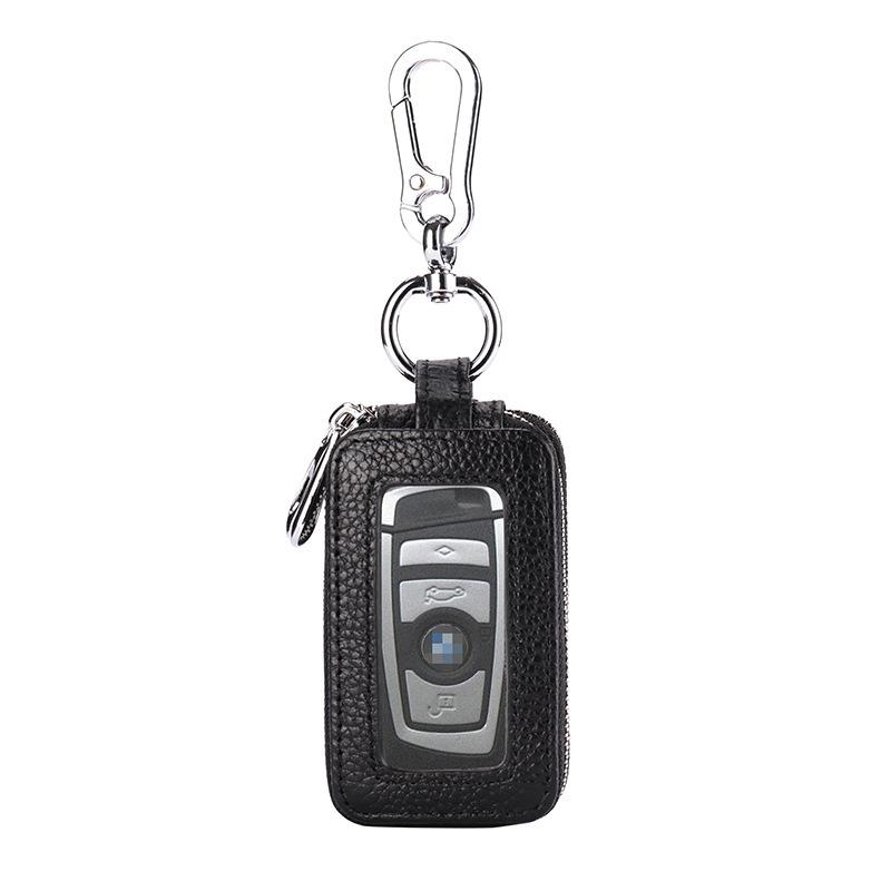 Echtes Leder Doppelschicht Schlüsseletui mit Litschi-Muster, Reißverschluss-Münzfach und Universal-Schlüsselring