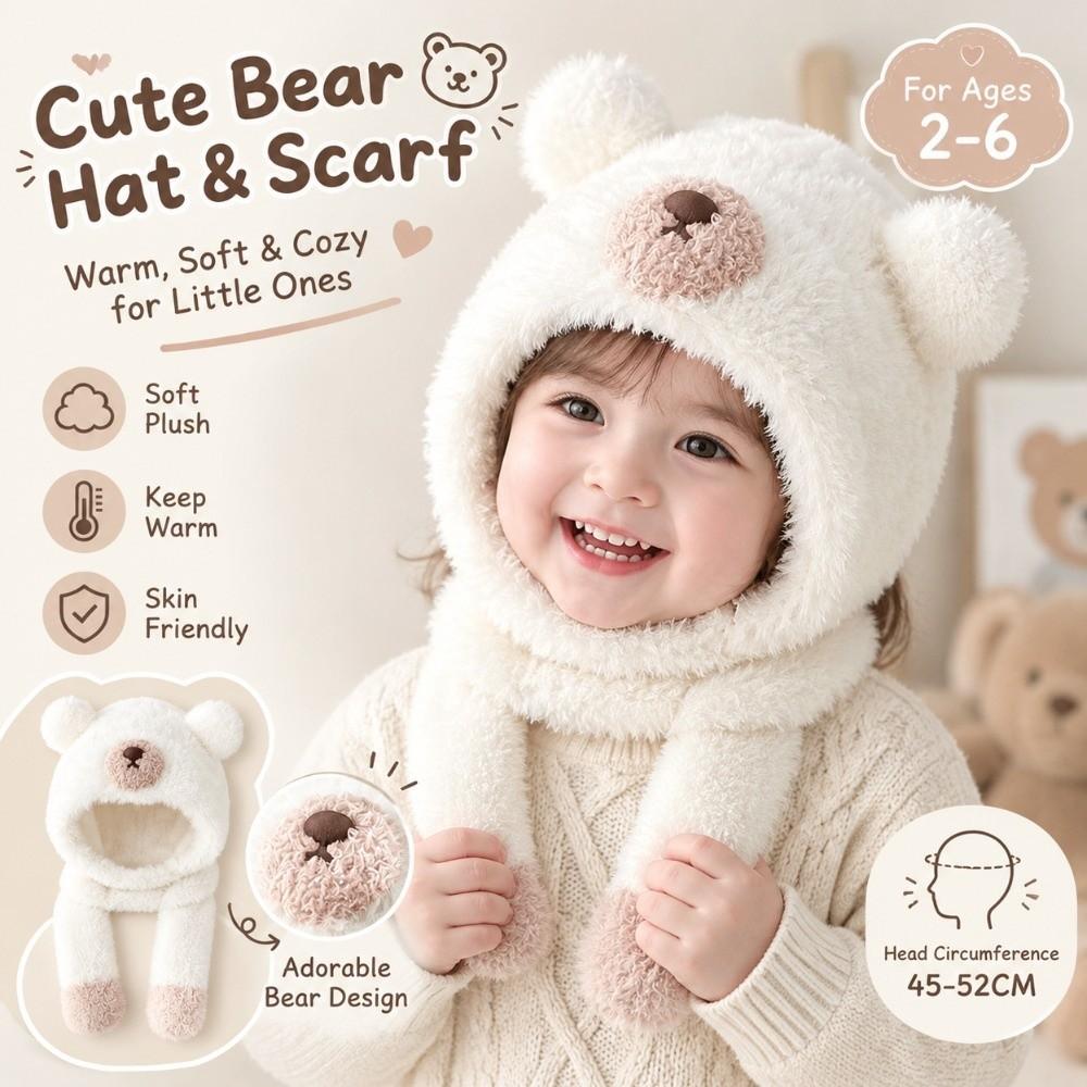 Polyester Fleece Lined 2-6 Years Bear Hat Scarf Set Kids Hat Scarf Set Cold Weather Wear