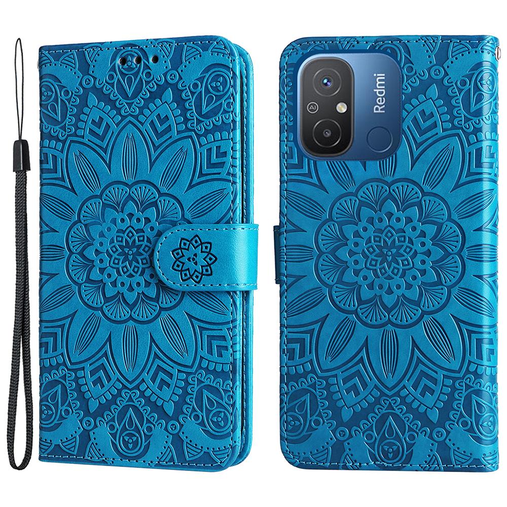 

For Xiaomi Redmi 12C 4G/11A 4G Cell Phone Case Sunflower Imprinted Wallet Stand Phone Leather Cover with Strap Blue