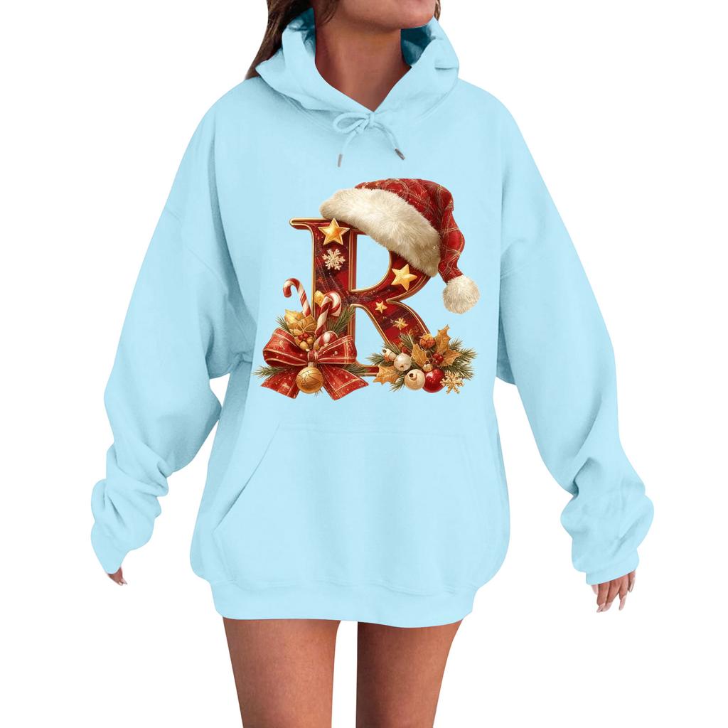 Women's Casual Comfortable Long-Sleeved Christmas Letter-Printed Warm Hooded Crew-Neck Sweatshirt