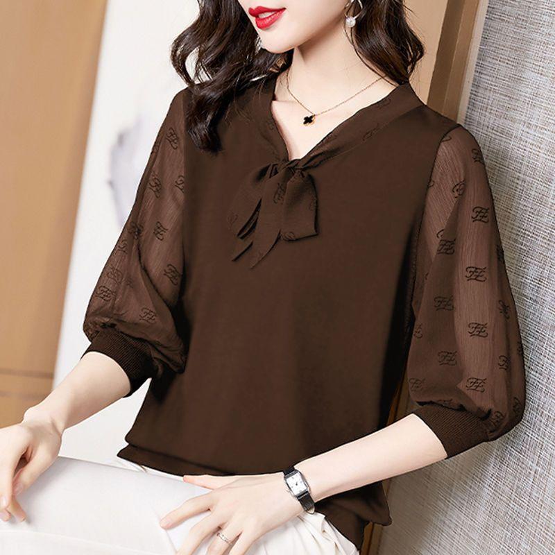 Large Size Chiffon T-shirt Women's Loose Medium Sleeve Top Shirt Base Shirt