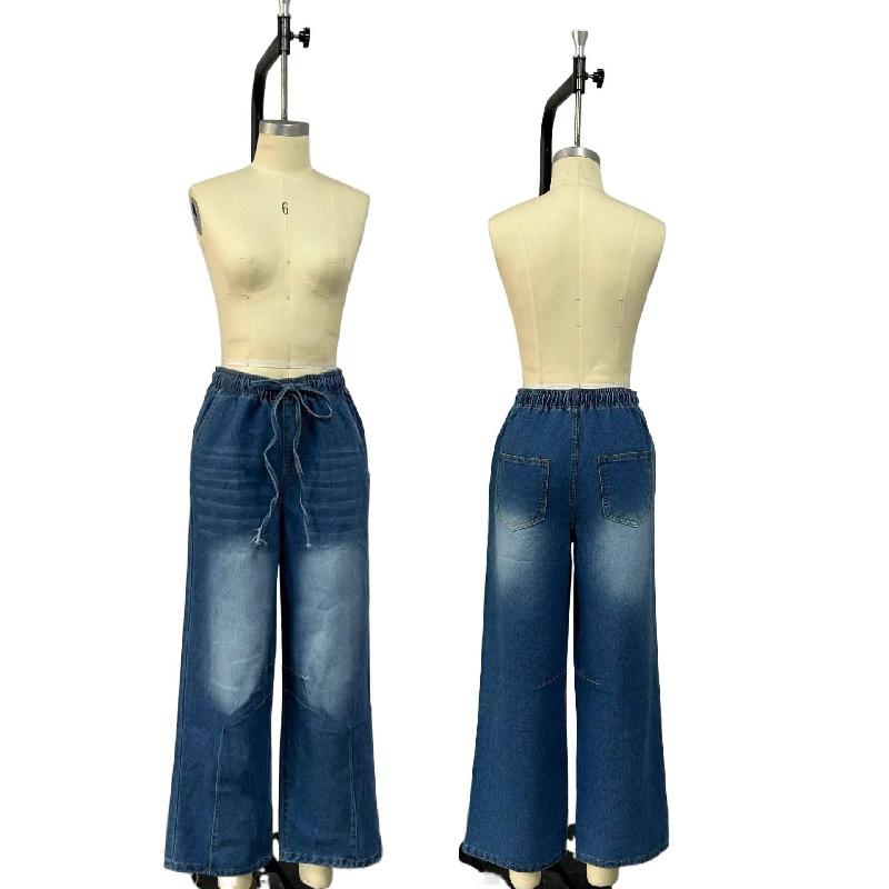 2026 New Spring/Summer Casual Washed Loose Wide-Leg Jeans for Women with Tie-Waist