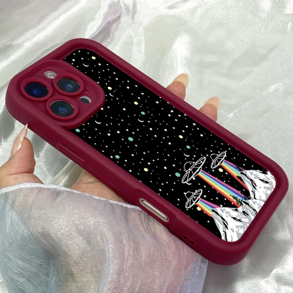 JT444 Rainbow mountains aliens spaceship for iPhone 17 16 15 14 13 Pro Max Samsung S26 S25 Ultra A17 A07 A56 A16 A15 Xiaomi 15T Redmi 15c Soft Case